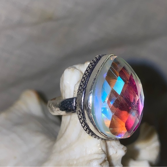 Sale * Mystic Rainbow Topaz vintage teardrop ring - Picture 3 of 12